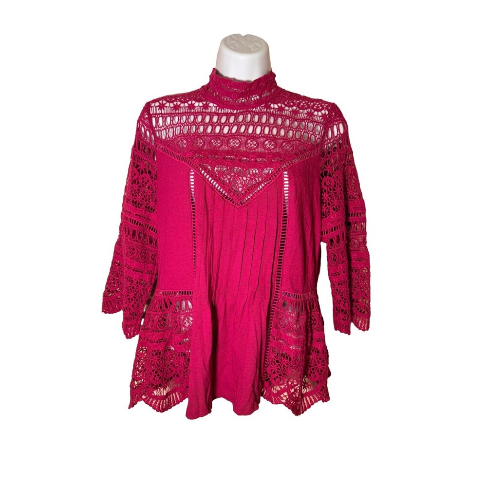 Plenty by Tracy Reese Magenta Crochet Lace High Neck Blouse Boho cottagecore S